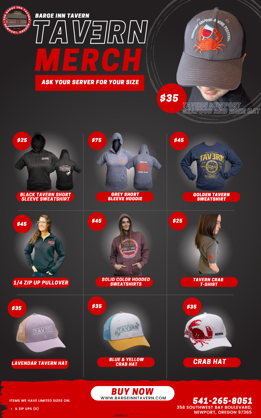Barge Inn Tavern merch: Tavern Newport Seafood & Wine hat, hoodies, pullovers, and crab hats