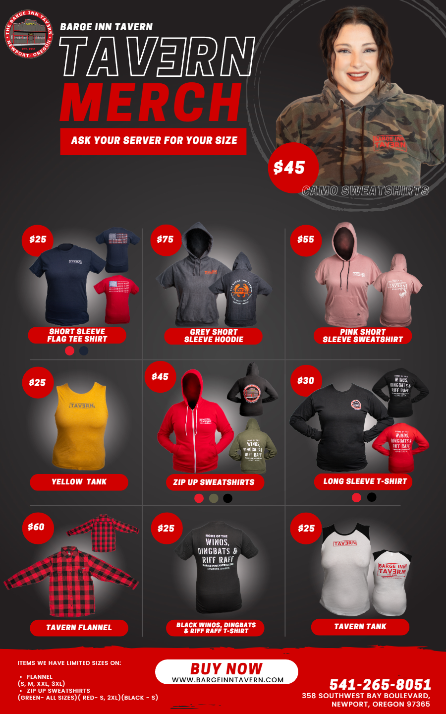 Barge Inn Tavern merch: camo sweatshirts, tees, flannels, and tanks