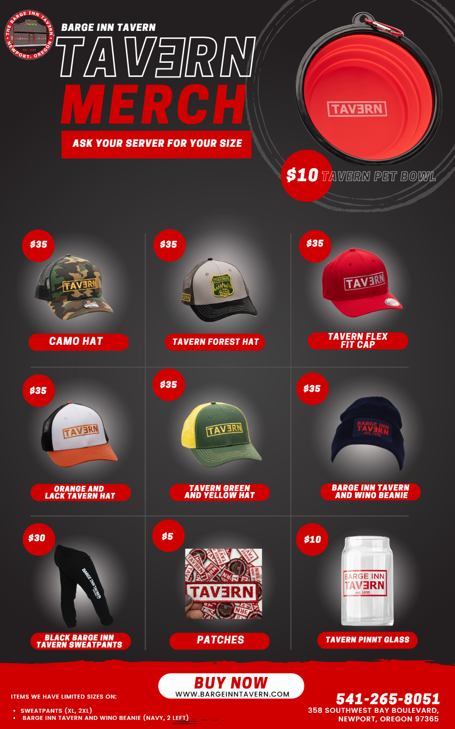 Barge Inn Tavern merch: Tavern pet bowl, camo hats, beanies, sweatpants, patches and pint glass